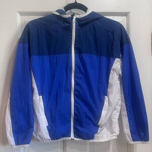 Old Navy Jacket Boys Large 10/12 Blue White Colorblock Full Zip Windbreaker Hood